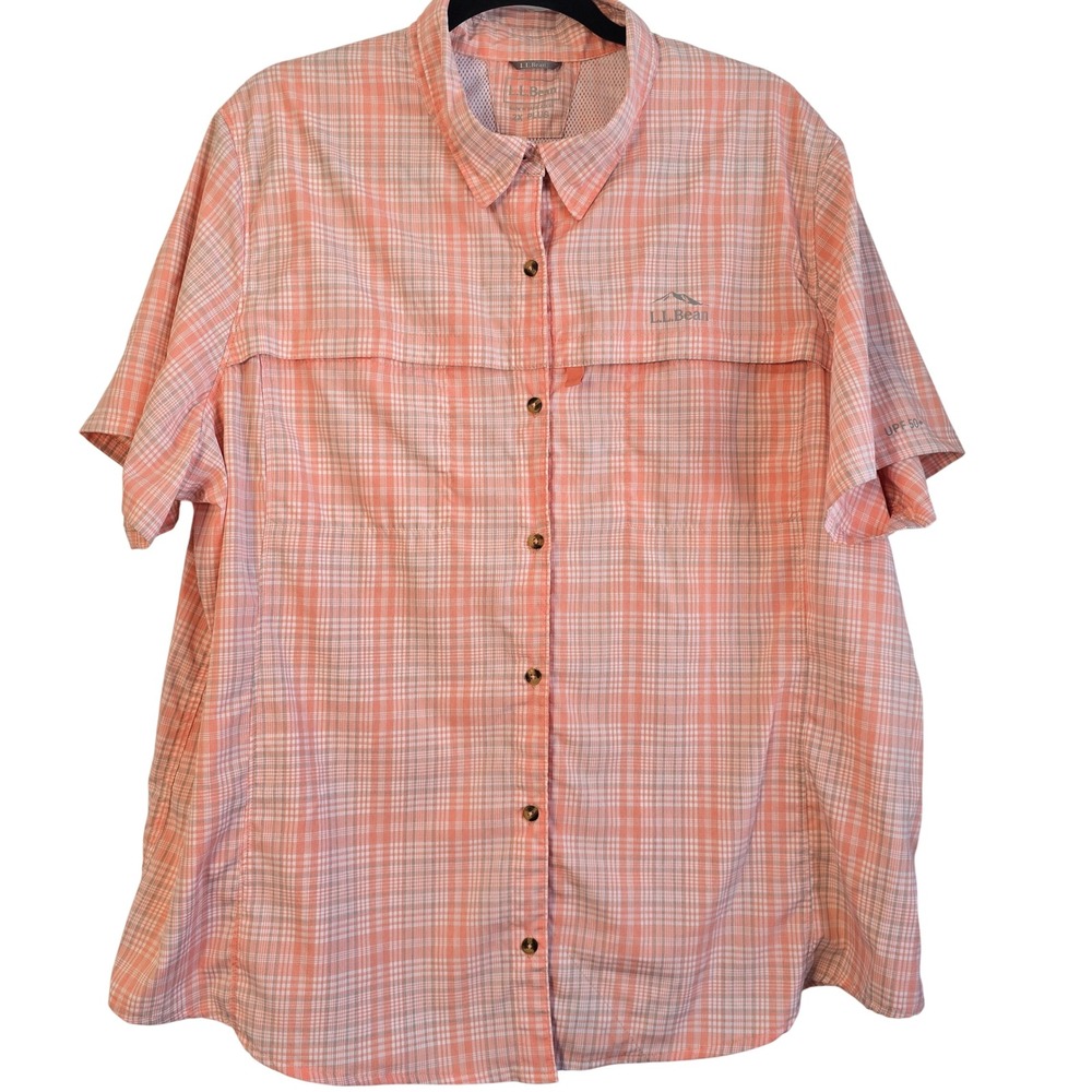 LL Bean Womens 2X‎ Plus Orange Plaid UPF 50 Vented Short Sleeve Hiking Shirt